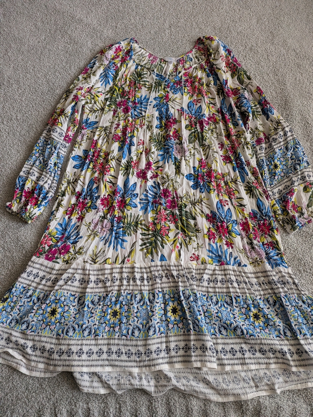 🌼B2G1🌼 Time and Tru White Mini Dress with Pink, Blue & Green Floral Print NWOT